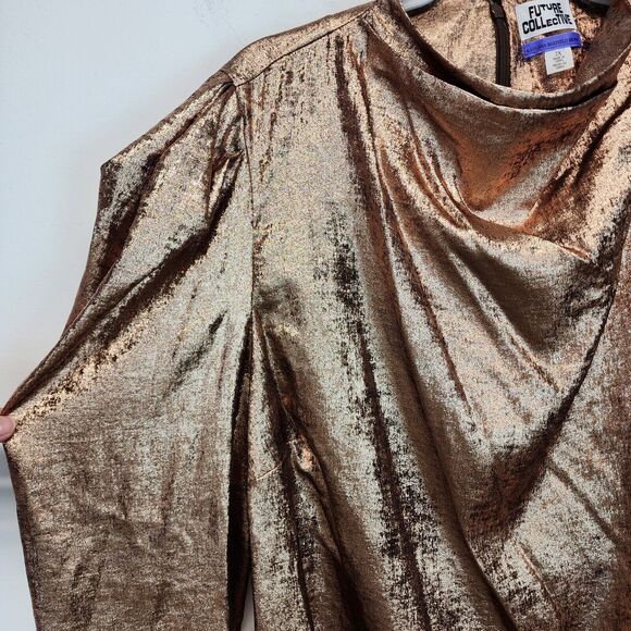 Future Collective Metallic Blouse Size 2X Puff Shoulder Futuristic Holiday Glam - Picture 5 of 15